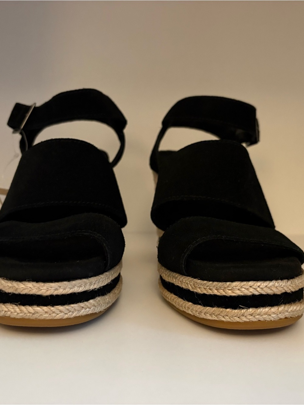 TOMS Black Suede Espadrille Wedge Sandals with Ankle Strap - Picture 6 of 10